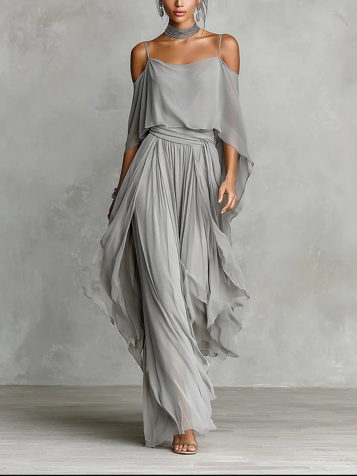 Isabelle | Grey Flowing Top &amp; Chiffon Trousers Set