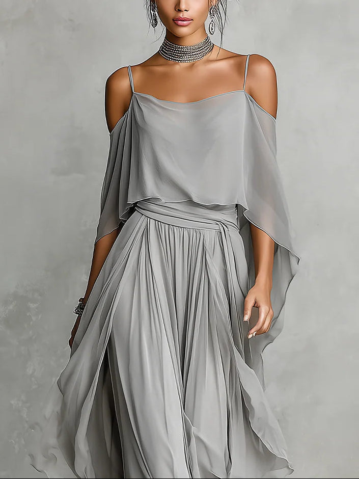 Isabelle | Grey Flowing Top &amp; Chiffon Trousers Set