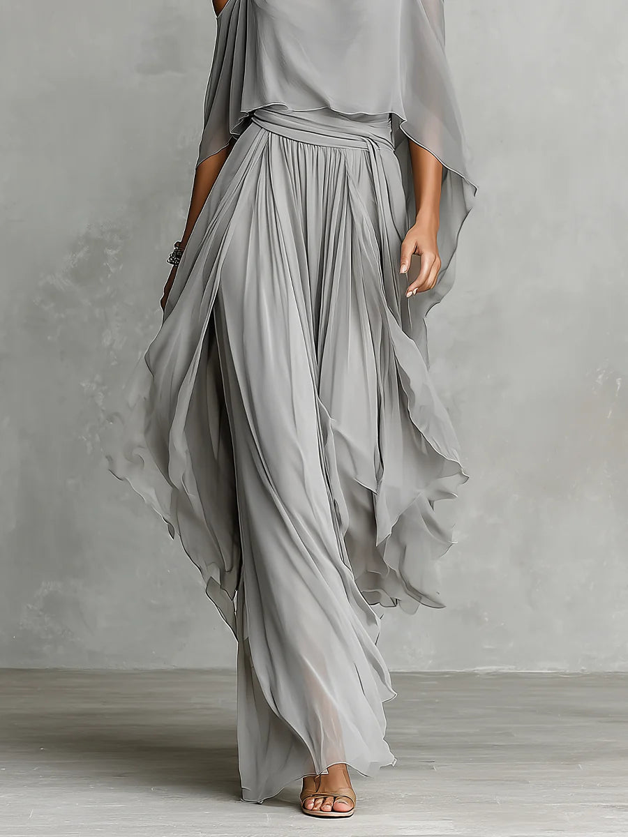 Isabelle | Grey Flowing Top &amp; Chiffon Trousers Set