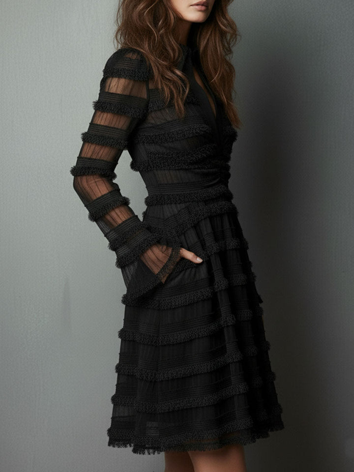 Quiet Luxury Black Fringe Textured Sheer Layered Dress