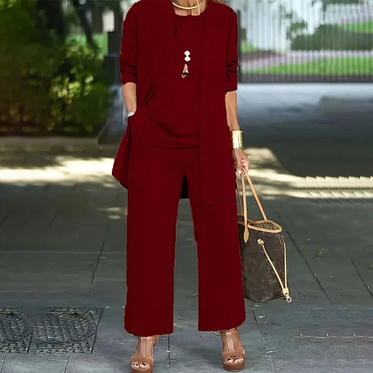 Laney™ Elegant Casual Three-Piece Set | Coordinated Top, Cardigan &amp; Wide-Leg Trousers