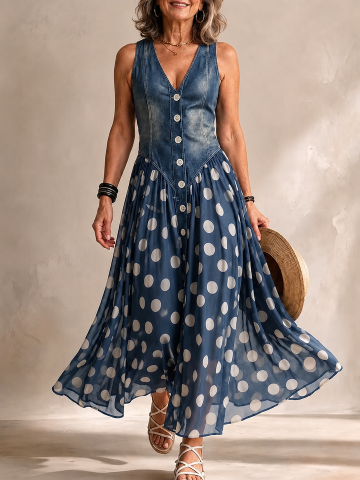 ADELINE | LONG POLKA DOT DENIM DRESS
