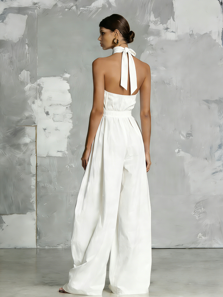 Chloe | Elegant white woven sleeveless halter-neck jumpsuit