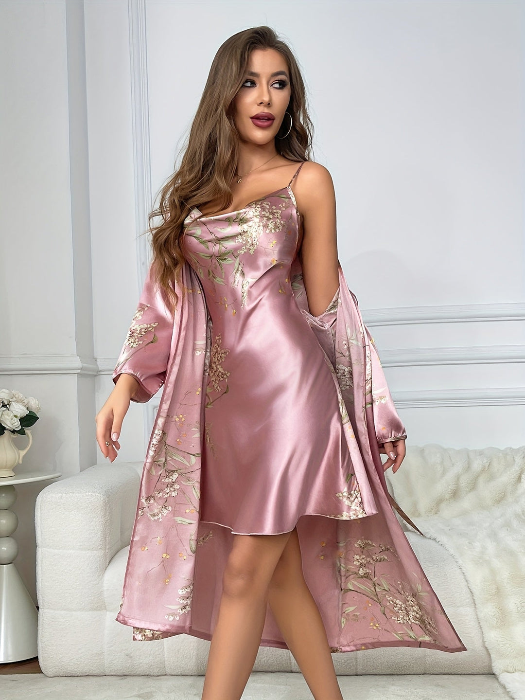 Rosalynn | 2-Piece Floral Satin Camisole &amp;amp; Robe Set