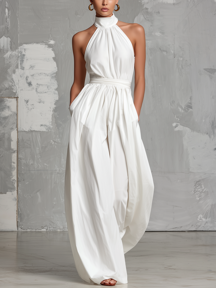 Chloe | Elegant white woven sleeveless halter-neck jumpsuit