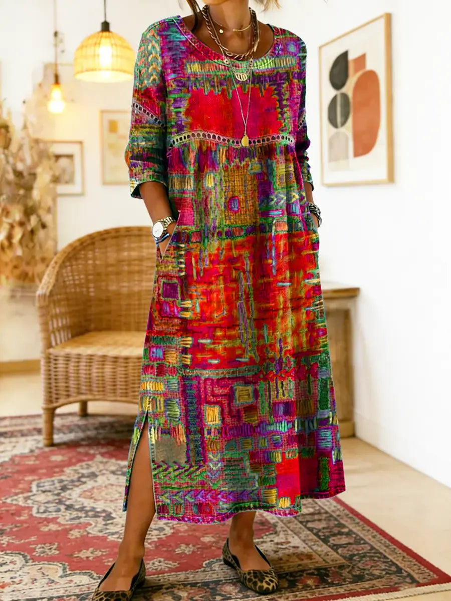 Manuela Printed Dress with Ethnic Patchwork