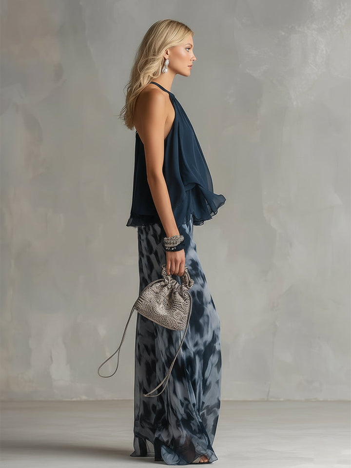 Olivia – Elegant chiffon set with high-neck top and wide-leg printed trousers