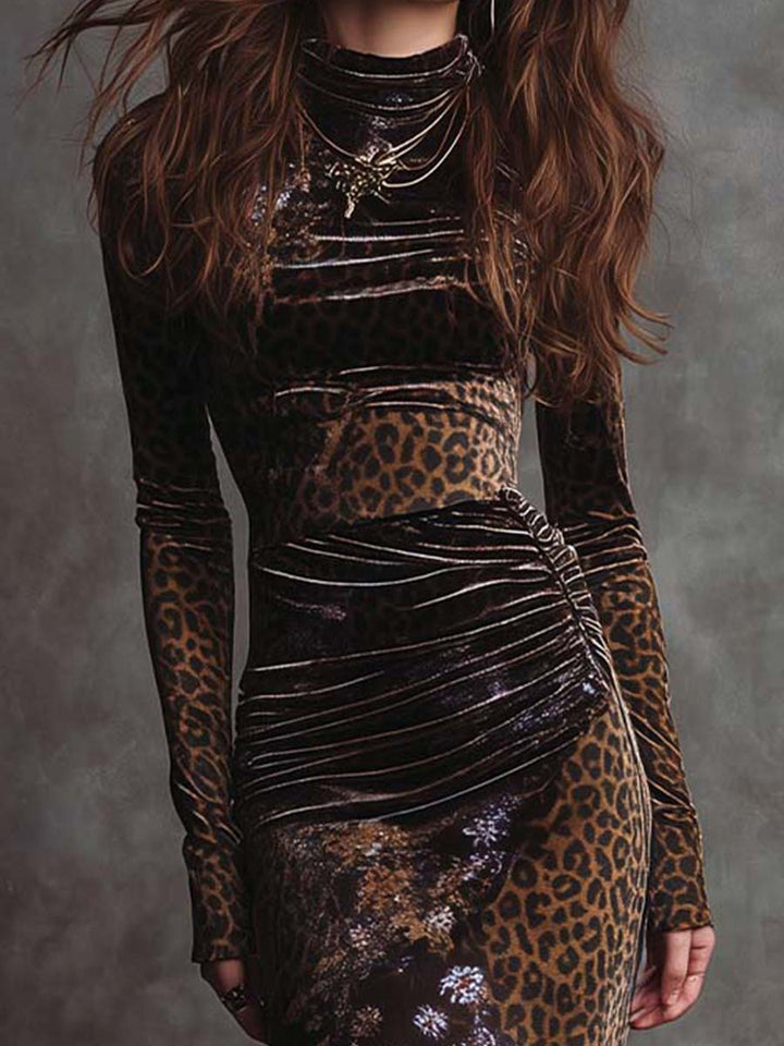 Retro Gothic Leopard Print And Floral Patchwork Velvet Midi Dress