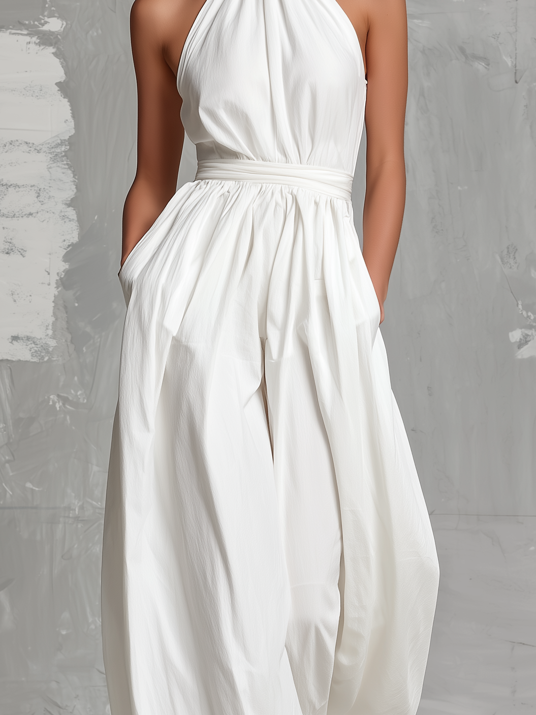 Chloe | Elegant white woven sleeveless halter-neck jumpsuit