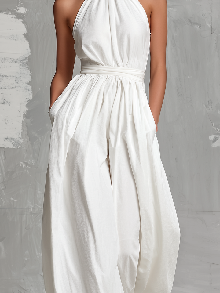 Chloe | Elegant white woven sleeveless halter-neck jumpsuit