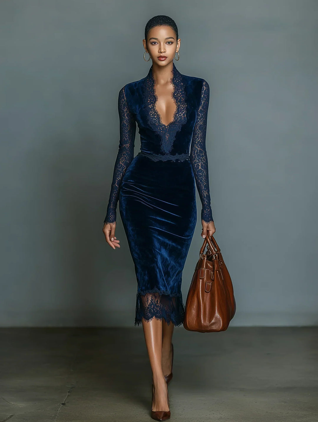 🌸 Elegant &amp; Fashionable Dark Blue Velvet Slim-Fit Midi Dress for Women with V-Neck Lace Detail and Sleeves