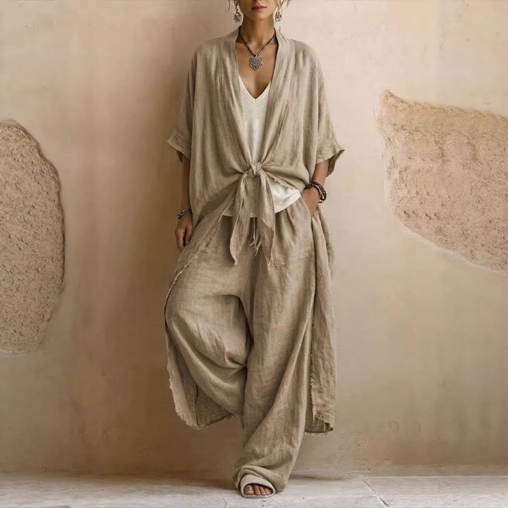 Relaxed Linen Kimono Set with Flowing Wide-Leg Pants
