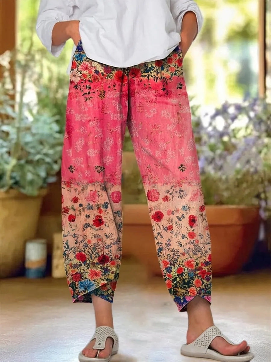 Peony | Casual Comfort Trousers - Pink Rose Garden
