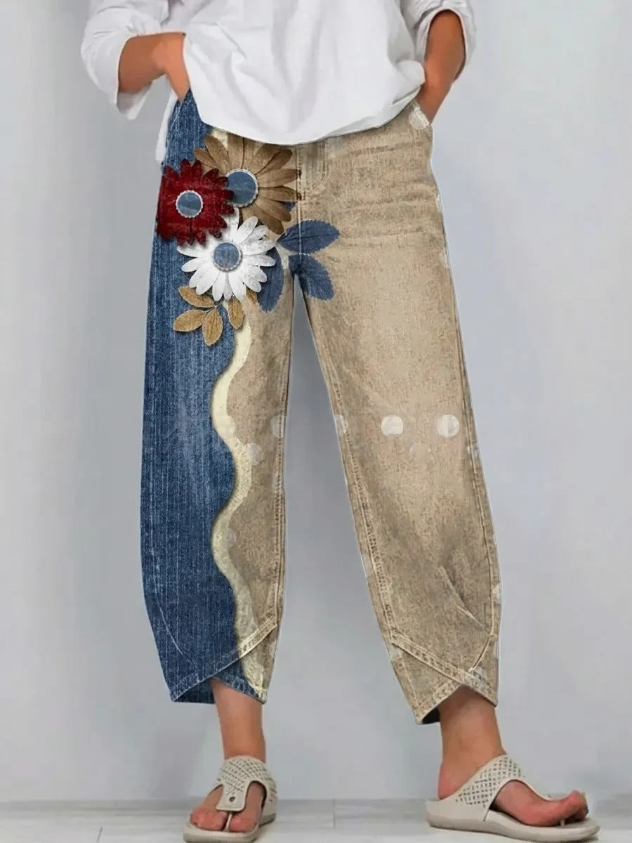 Anemone | Casual Comfort Trousers - Denim & Sand Bloom