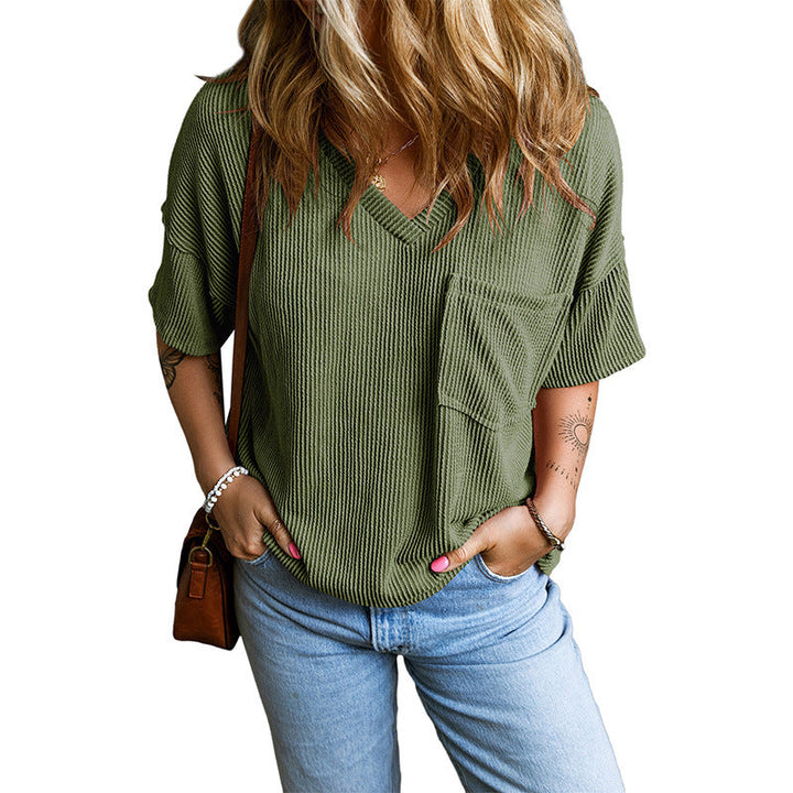 JANELLE™ | Casual Textured Pocket V-Neck Tee