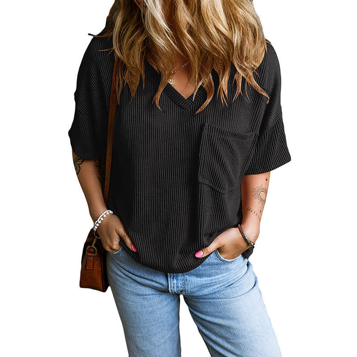 JANELLE™ | Casual Textured Pocket V-Neck Tee