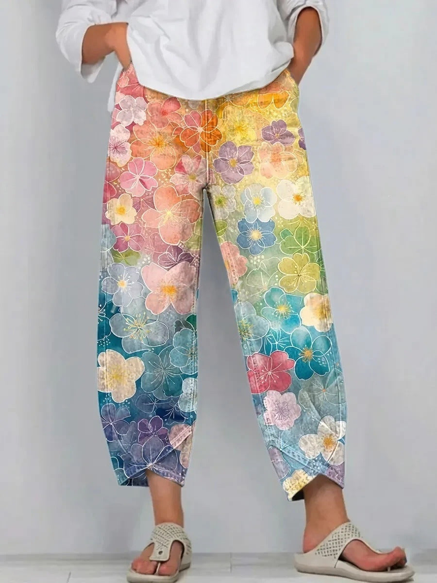 Begonia | Casual Comfort Trousers - Pastel Watercolour Floral