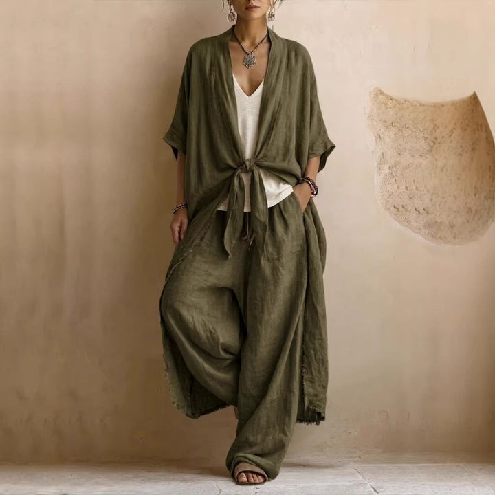 Relaxed Linen Kimono Set with Flowing Wide-Leg Pants