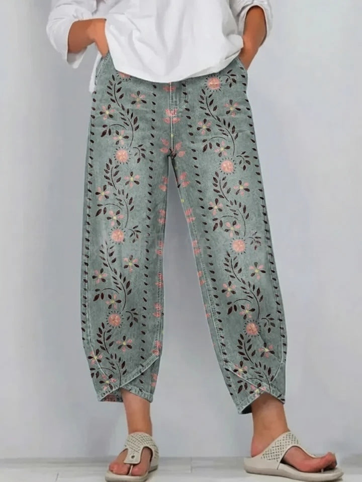 Myrtle | Casual Comfort Trousers - Teal Floral