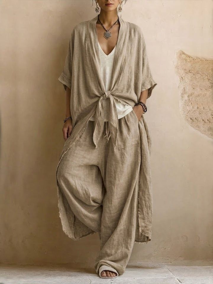 Relaxed Linen Kimono Set with Flowing Wide-Leg Pants