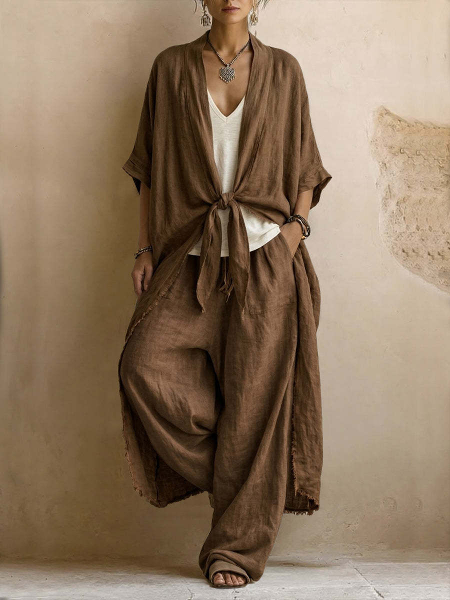 Relaxed Linen Kimono Set with Flowing Wide-Leg Pants