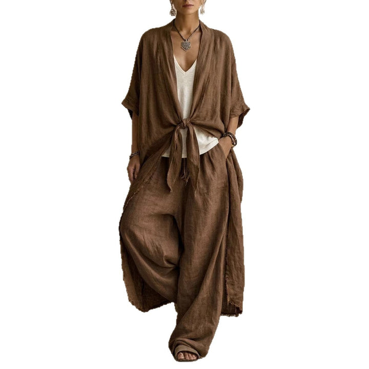 Relaxed Linen Kimono Set with Flowing Wide-Leg Pants