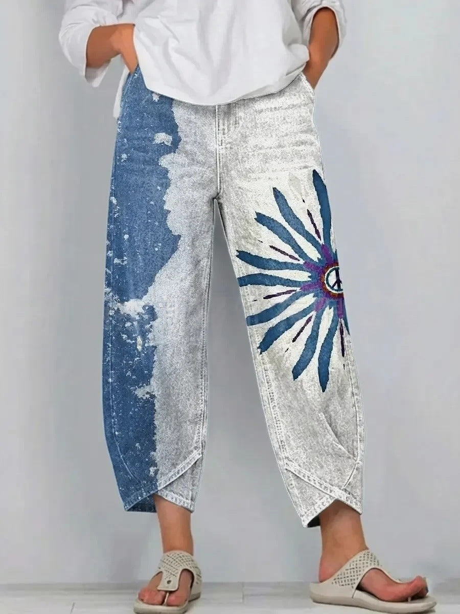 Cornflower | Casual Comfort Trousers - Denim & White Bloom
