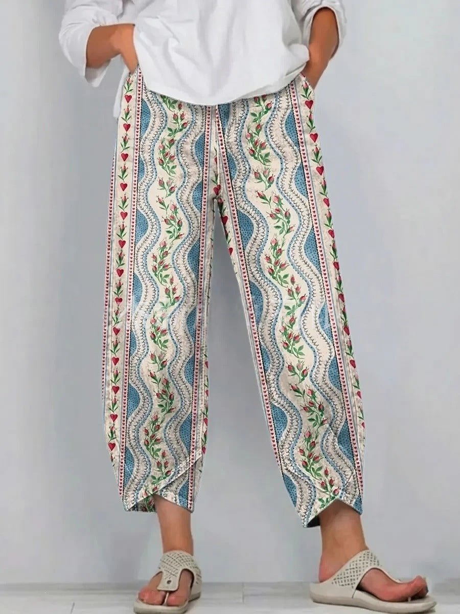 Honeysuckle | Casual Comfort Trousers - Cream Vine Stripe