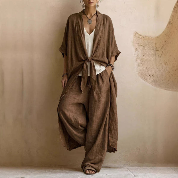 Relaxed Linen Kimono Set with Flowing Wide-Leg Pants