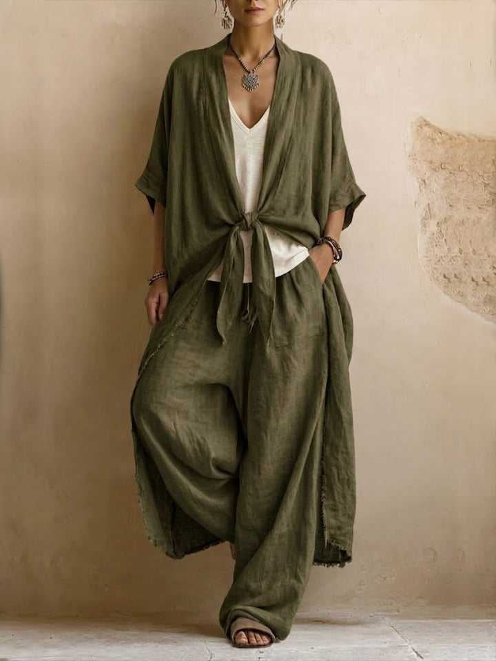 Relaxed Linen Kimono Set with Flowing Wide-Leg Pants