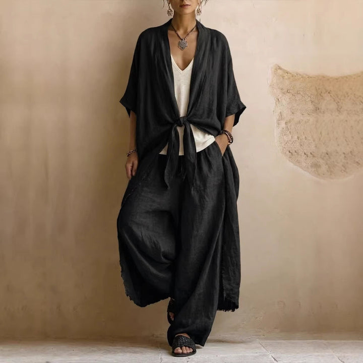 Relaxed Linen Kimono Set with Flowing Wide-Leg Pants