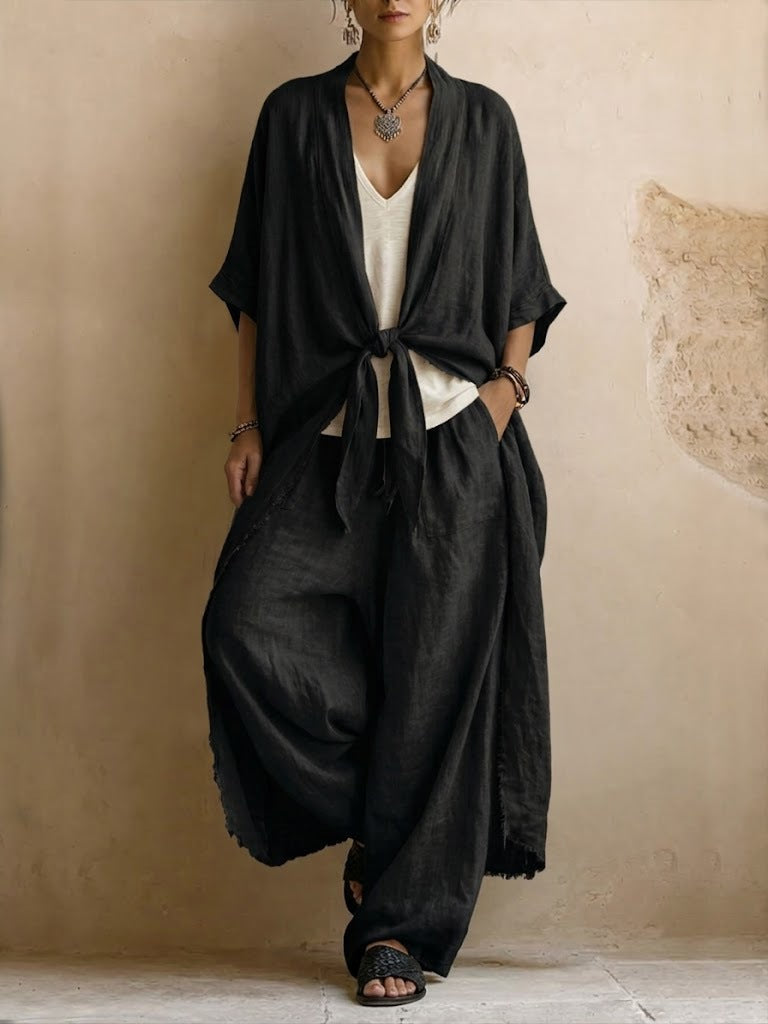 Relaxed Linen Kimono Set with Flowing Wide-Leg Pants
