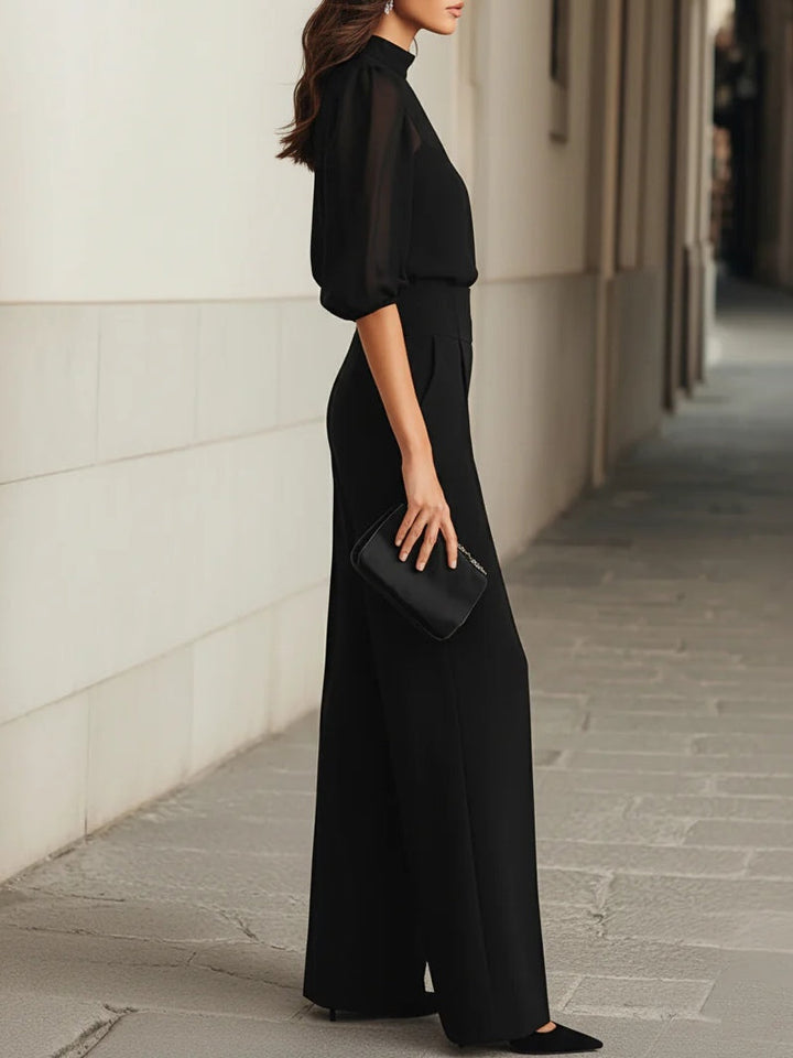 Sophie • Black Three-Piece Set with Sheer Camisole Top and Wide-Leg Trousers
