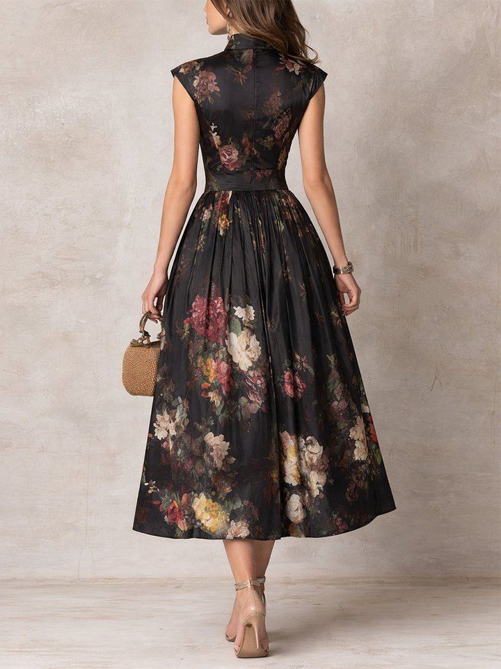Violette™ | Black Pleated Satin Midi Dress with Floral Print and Teardrop Neckline
