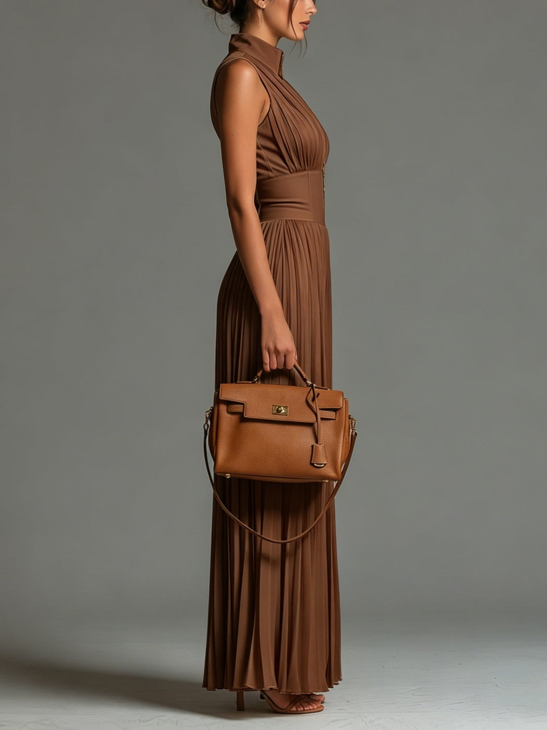 ESSENTIAL - Grace Jumpsuit | Brown Pleated Chiffon