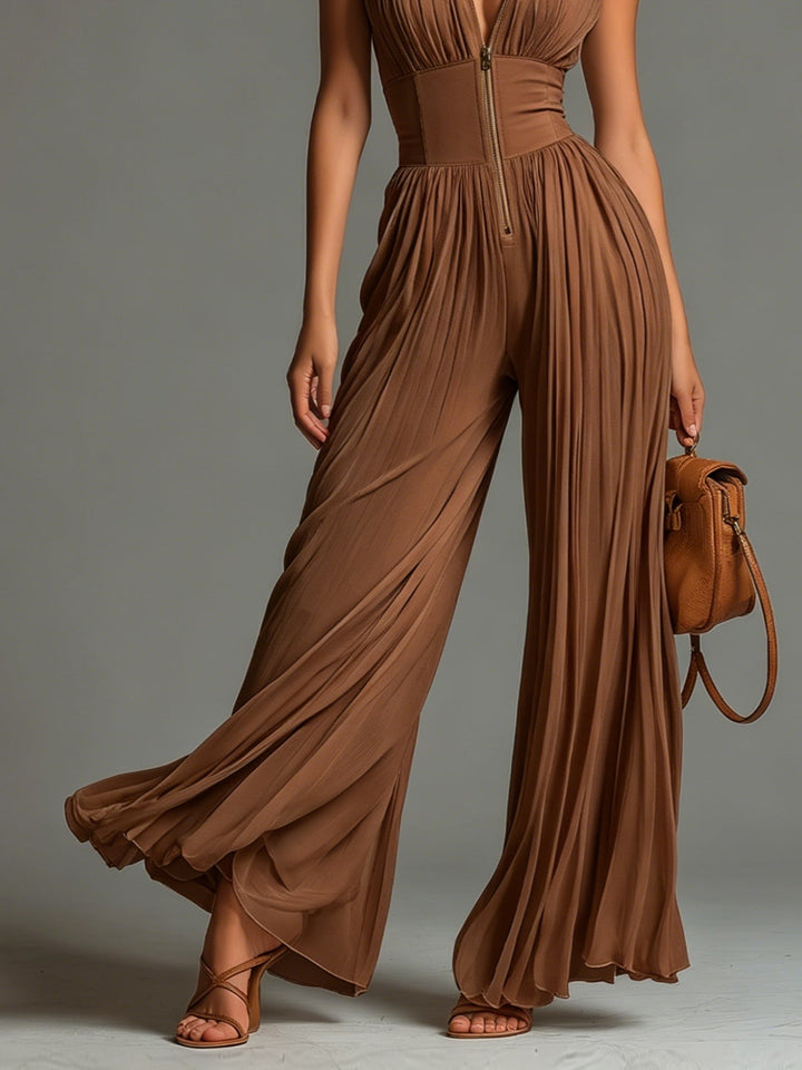 ESSENTIAL - Grace Jumpsuit | Brown Pleated Chiffon