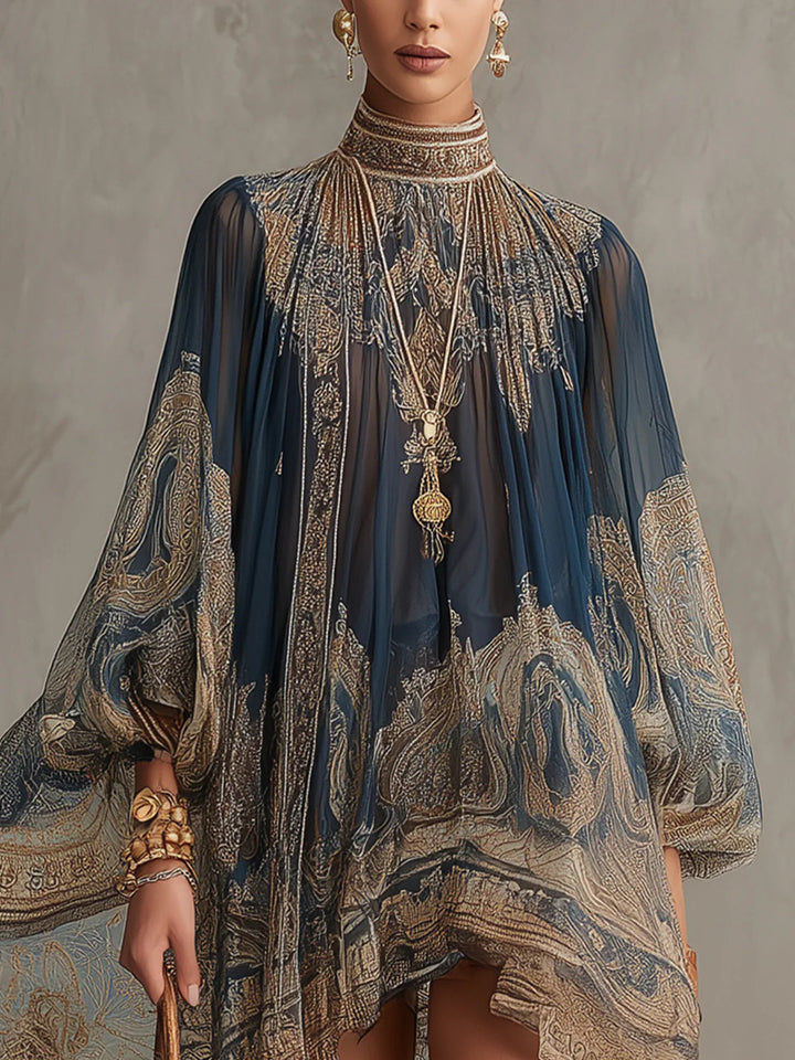 Agathe | Navy Chiffon Asymmetric Mini Dress with High Neck and Baroque Print