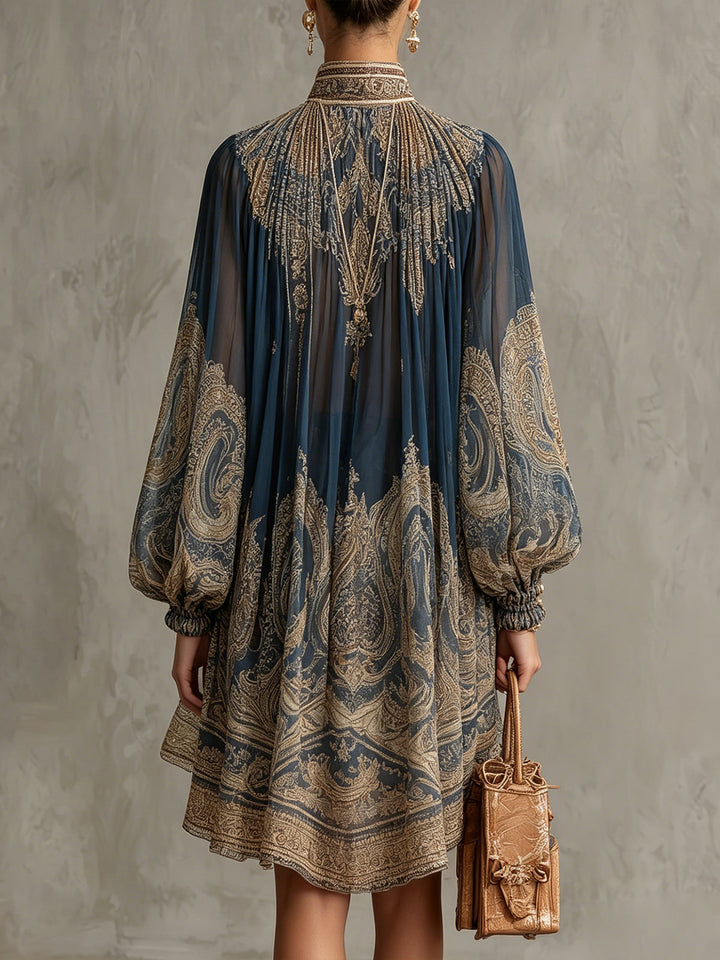 Agathe | Navy Chiffon Asymmetric Mini Dress with High Neck and Baroque Print
