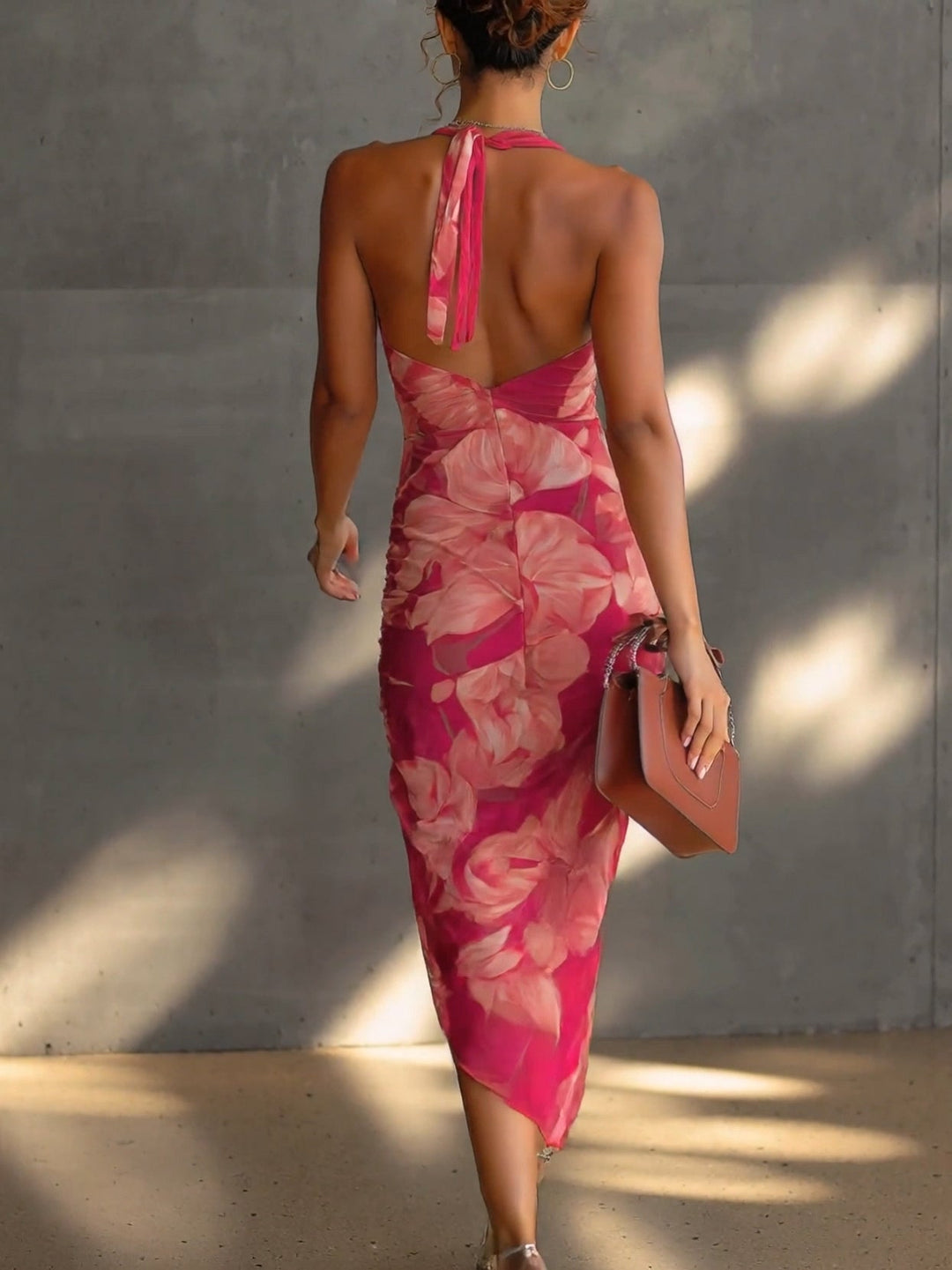 Mathilde | Fuchsia Bodycon Dress with Floral Print, Side Ruching and Slit