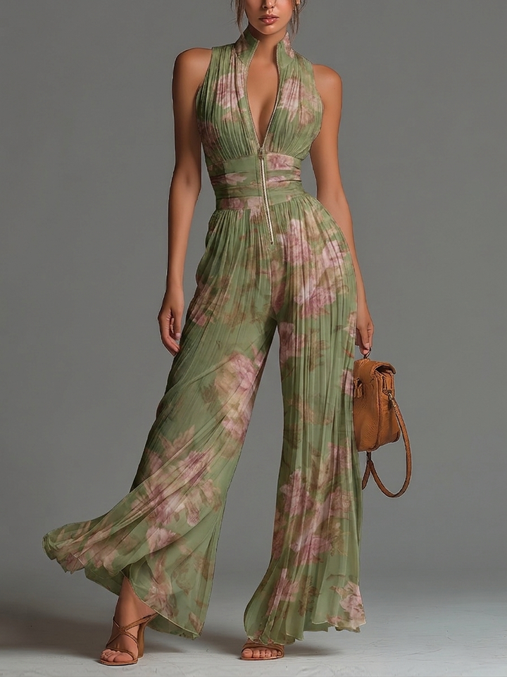 Pleated Floral Chiffon Jumpsuit