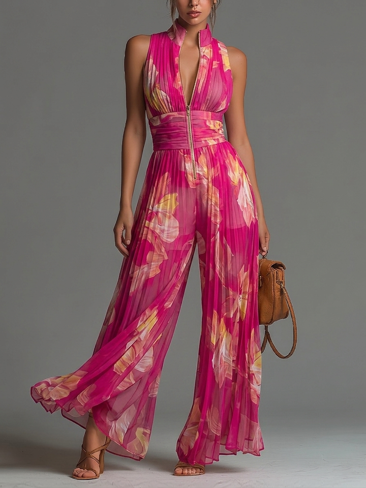 Grace Jumpsuit | Fuchsia Floral Pleated Chiffon