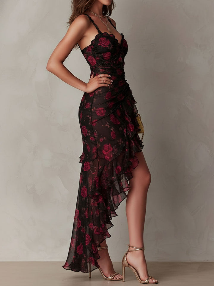 Edith | Black and Red Draped Floral Mini Dress with Ruffled Hem