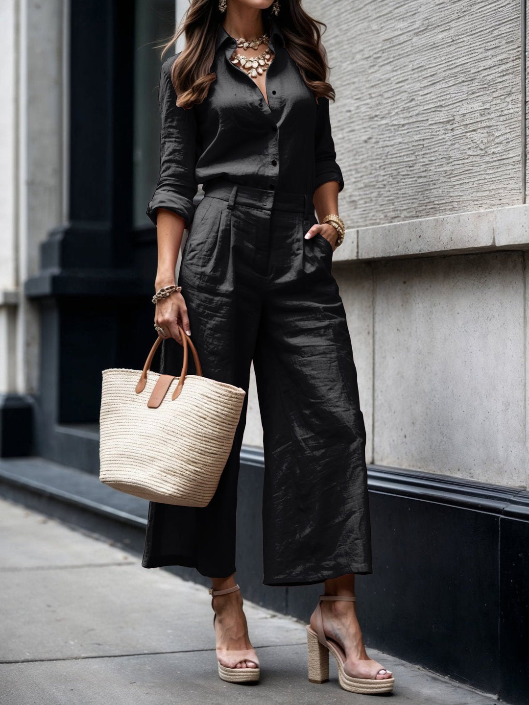 Nelle™ Elegant Shirt &amp; Capri Set | Relaxed Shirt and Cropped Trouser Set