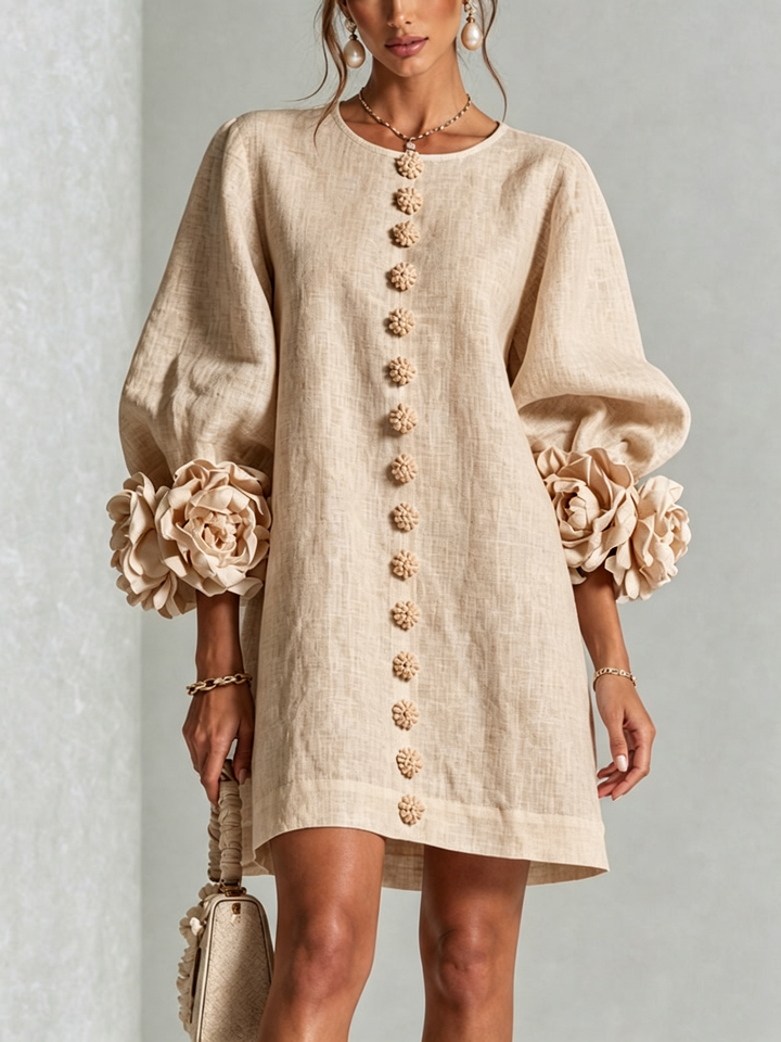 VYNEXA | FLORAL-CUFF BUTTON-FRONT MINI DRESS