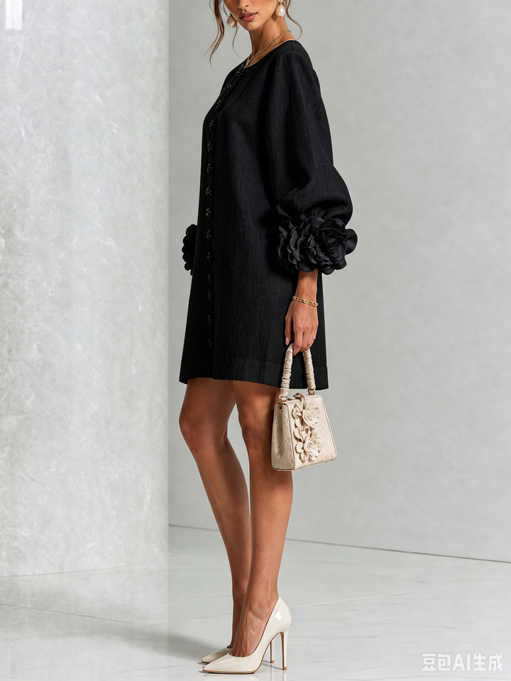 VYNEXA | FLORAL-CUFF BUTTON-FRONT MINI DRESS