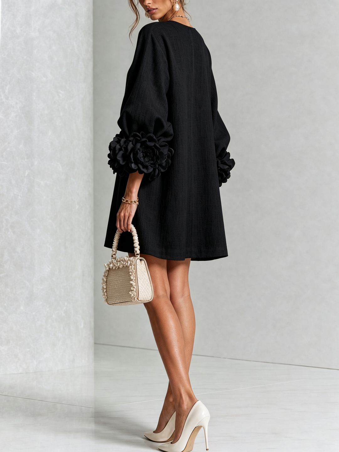 VYNEXA | FLORAL-CUFF BUTTON-FRONT MINI DRESS