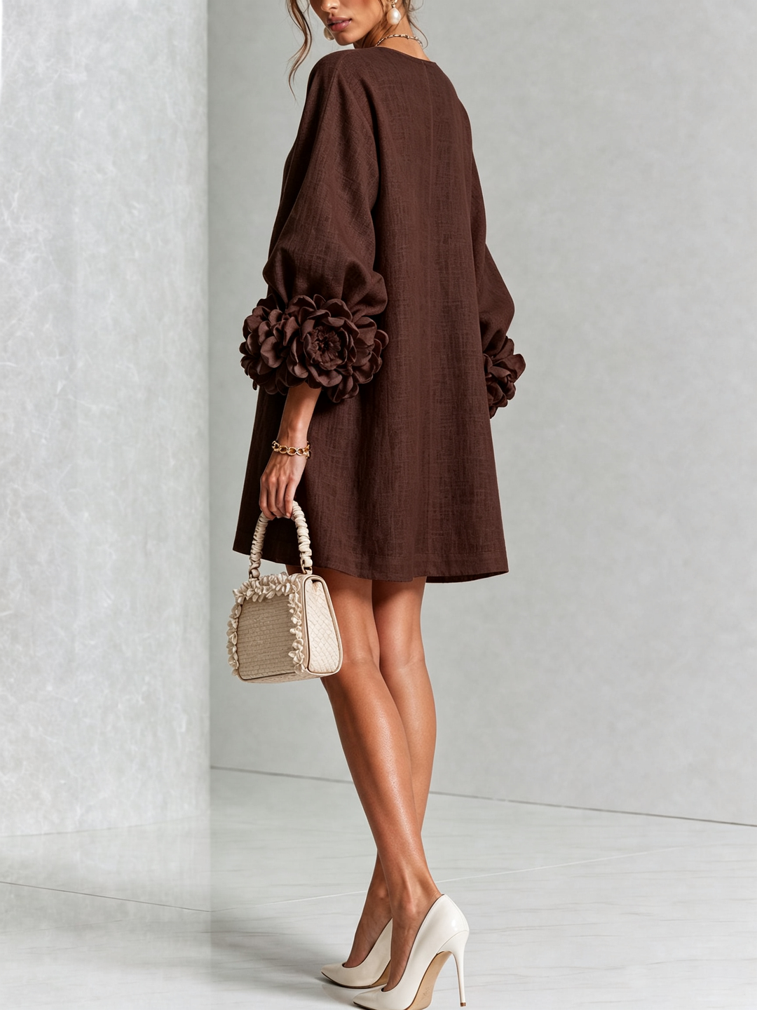 VYNEXA | FLORAL-CUFF BUTTON-FRONT MINI DRESS