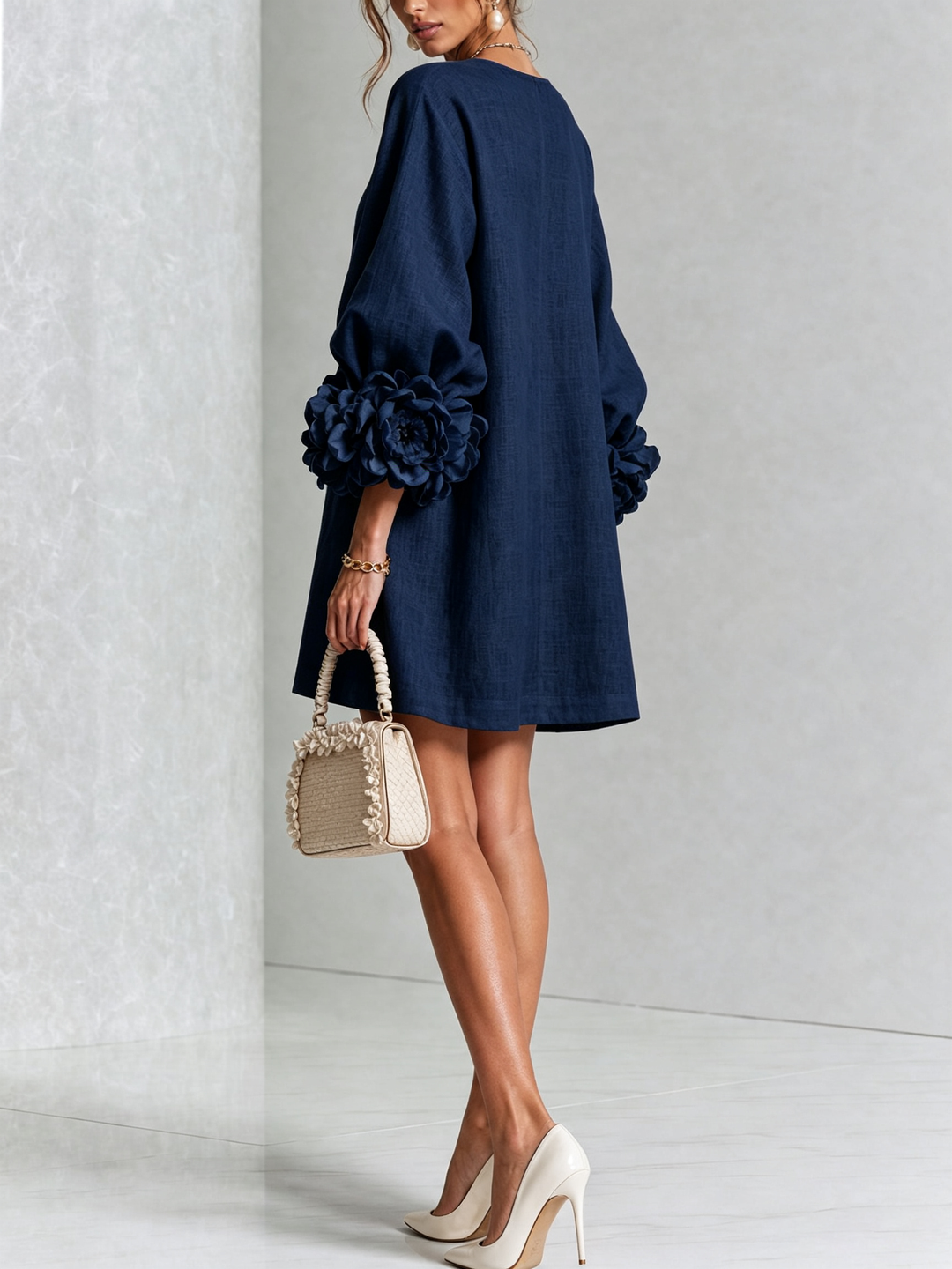 VYNEXA | FLORAL-CUFF BUTTON-FRONT MINI DRESS