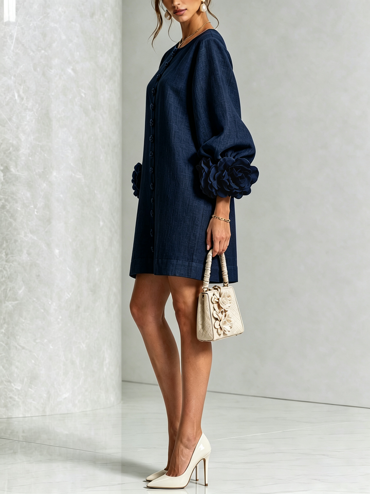 VYNEXA | FLORAL-CUFF BUTTON-FRONT MINI DRESS