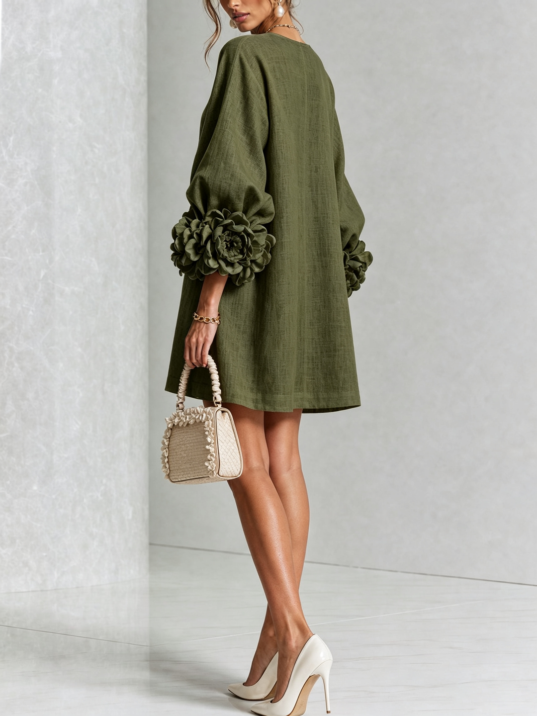 VYNEXA | FLORAL-CUFF BUTTON-FRONT MINI DRESS
